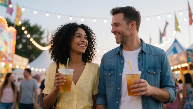 Couple in their 30s enjoying a country fair together, linking to country date ideas
