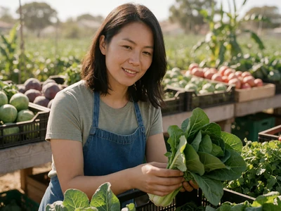 Adult Asian woman in her mid-30s inspecting fresh leafy vegetables in a sunlit market garden