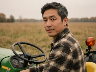 Adult Asian man in his early 40s seated on a small green tractor in an open field under soft overcast light