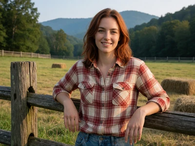 Woman farmer in a plaid shirt leaning on a fence in a West Virginia grassy valley