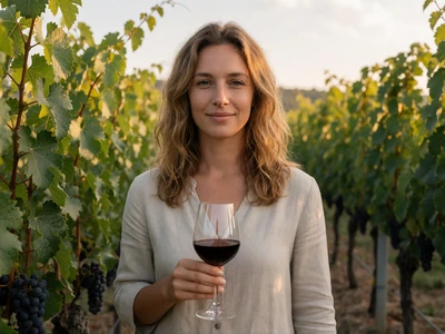 European woman in her early 30s holding a glass of wine among vineyard rows at golden hour