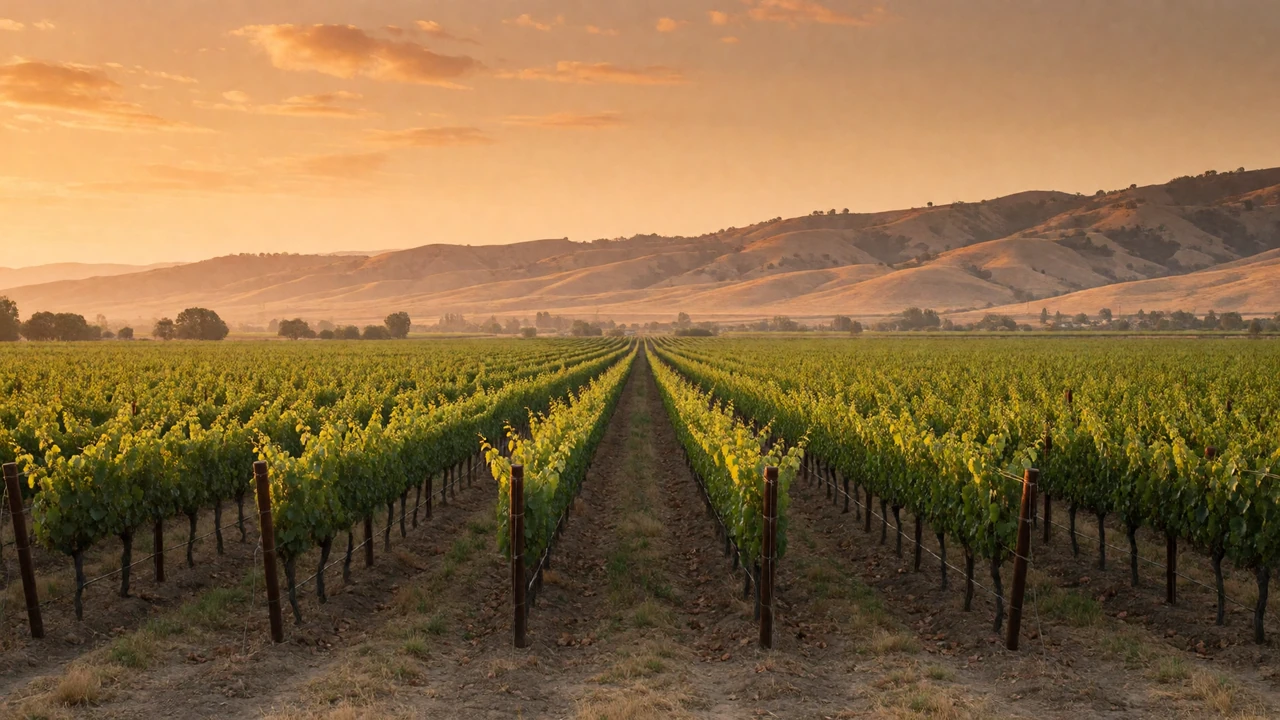 California Central Valley vineyard at sunset with rows of grapevines leading to golden foothills, representing California farmers dating for country singles