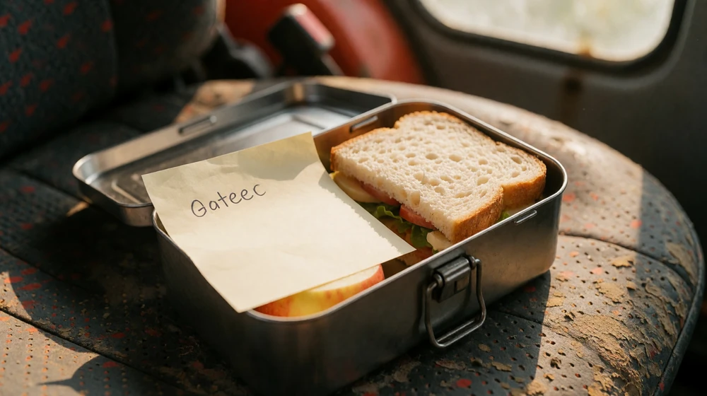 Open lunch box with a handwritten note left on a tractor seat in warm morning light, a small gesture for staying connected in busy seasons