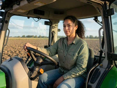 Woman in her late 20s sitting in a tractor cab in a freshly plowed field