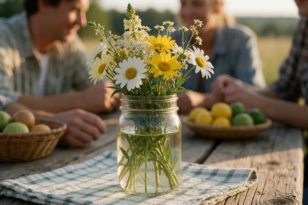 Mason jar of wildflowers on a rustic table at a country gathering, symbolizing shared local community in rural dating