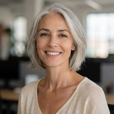 Adult woman in her early 50s with silver hair smiling warmly, member support lead at Farmers Dating