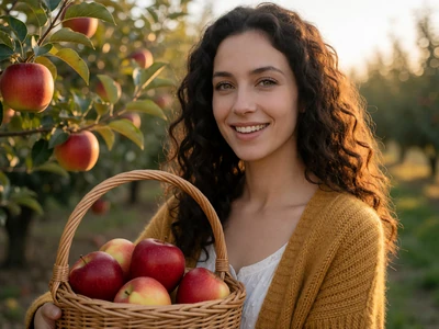 Adult Jewish woman holding a basket of red apples in an orchard at golden hour