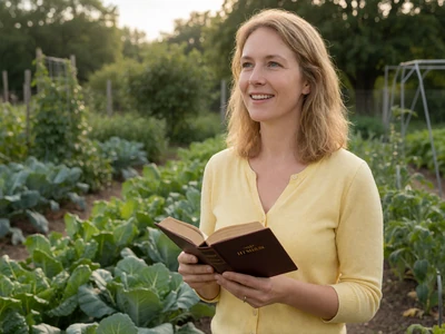 Christian woman in her late 20s holding a hymn book in a vegetable garden in soft light