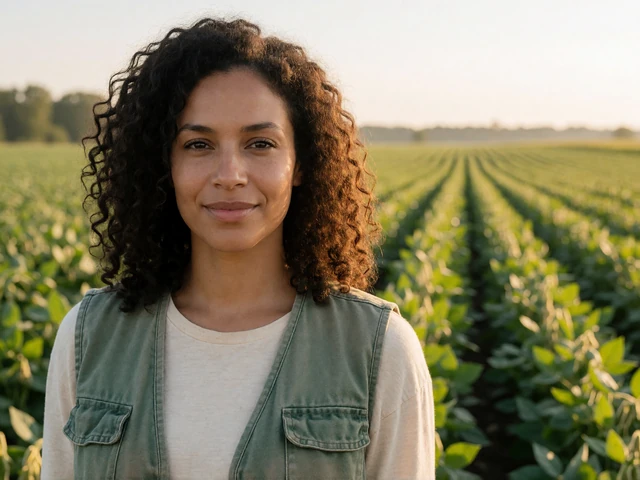 Woman farmer smiling in a soybean field for an authentic dating profile.