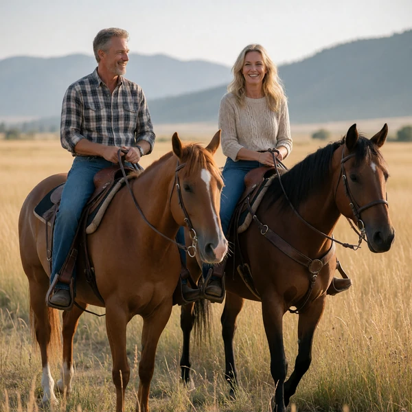 Couple in their 50s riding horses together across a golden Montana field on a country date