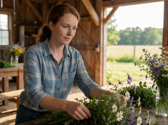 Woman arranging flowers inside a barn for North Carolina rural community dating