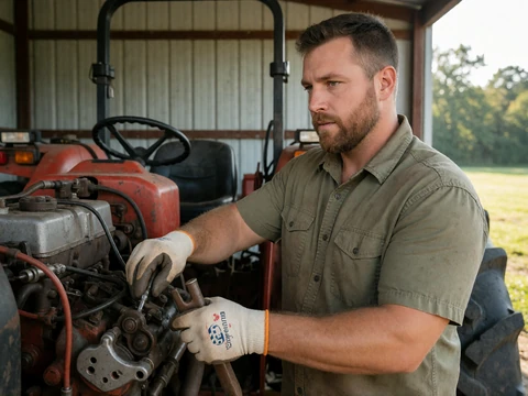 Man repairing a tractor engine on a rural North Carolina farm dating profile