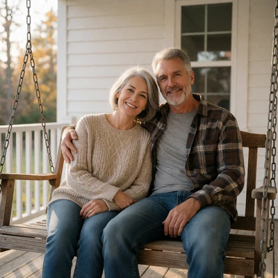 Mature country couple in their fifties on a farmhouse porch swing in afternoon light
