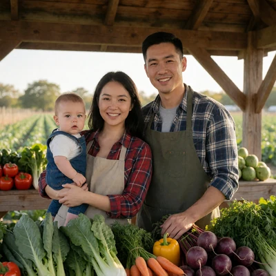 Country couple in their thirties with a baby at their farmers market vegetable booth