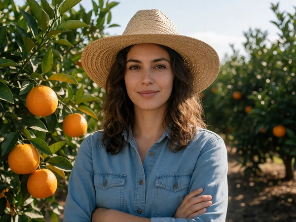 Woman farmer in a Florida citrus grove wearing a straw hat, featured in Florida farmers dating profiles