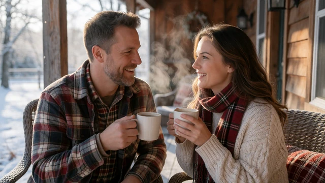 Couple in their 30s sharing coffee on a winter porch, linking to long-distance rural relationships