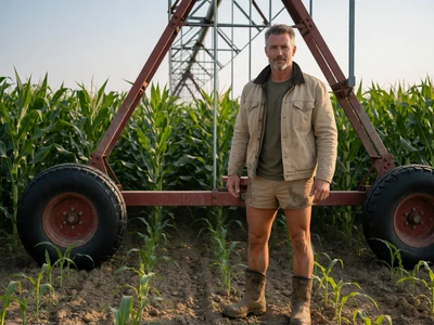 Man in his 50s in a canvas jacket standing beside a center-pivot irrigation system in a Nebraska cornfield