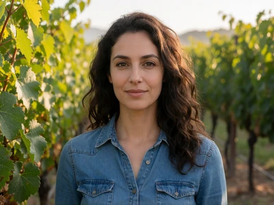 Adult Jewish woman smiling among grapevines in a sunny vineyard in the afternoon