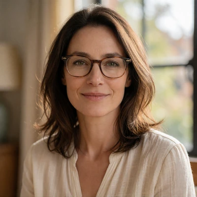 Adult woman in her mid-40s wearing glasses with a warm smile, community lead at Farmers Dating