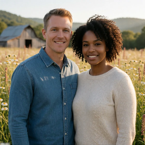 Adult couple smiling together in a wildflower field on a West Virginia farm