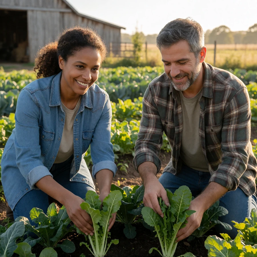 Adult couple working together in a vegetable garden, showing how agricultural rhythm shapes dating a farmer