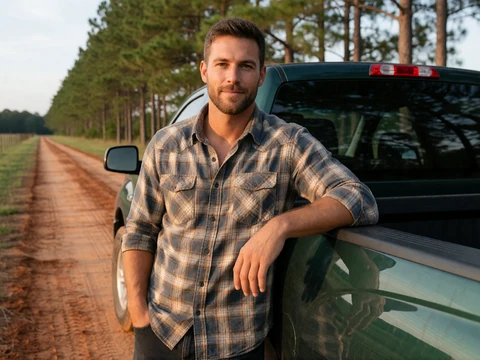 Man leaning against a green pickup on a rural Alabama dirt road for a country dating profile