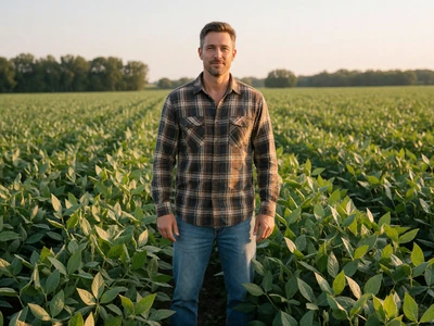 Man in his 40s in a plaid shirt standing in an Indiana soybean field at golden hour