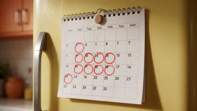 Calendar on a refrigerator with circled dates, linking to seasonal dating challenges