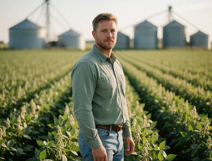 Man standing in a Missouri soybean field for a Midwest farmers dating profile