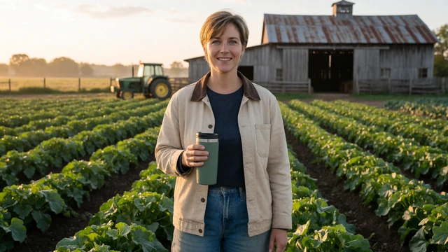 Woman farmer with coffee near crop rows at sunrise linking to advice on how to date a farmer