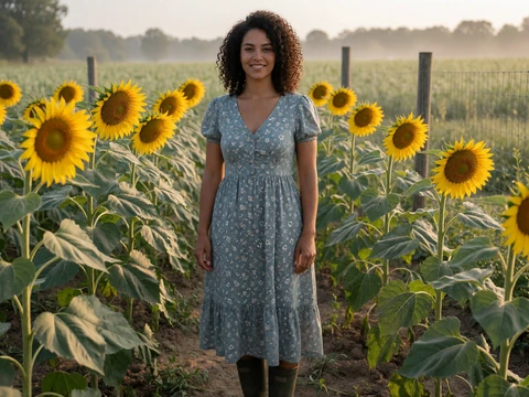 Woman in a floral dress standing in an Alabama sunflower field for an Alabama farmers dating profile