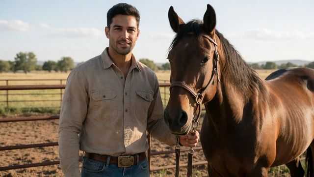 Rancher beside a horse and pasture fence, linking to dating a cowboy advice