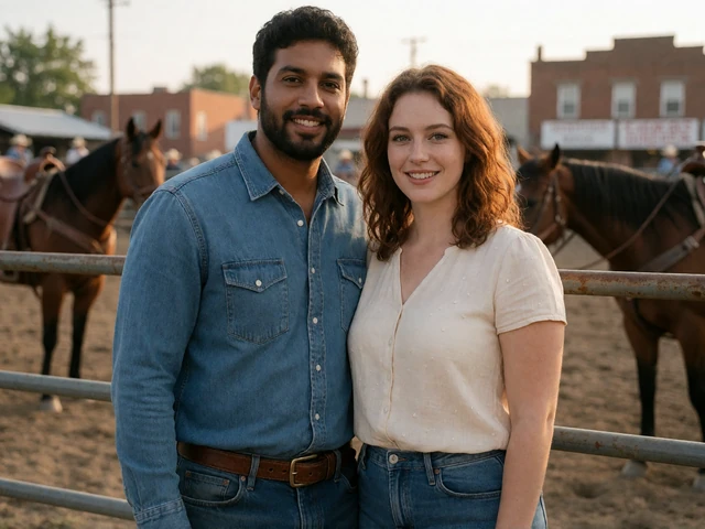 Couple in their 30s standing by a rodeo fence, showing a relaxed cowboy romance date