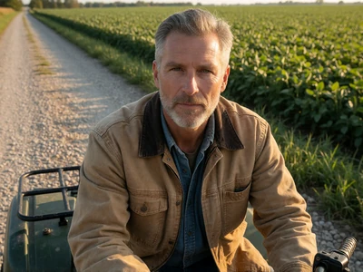 Adult man age 50 with gray beard in a canvas jacket riding a farm ATV beside a soybean field in Illinois