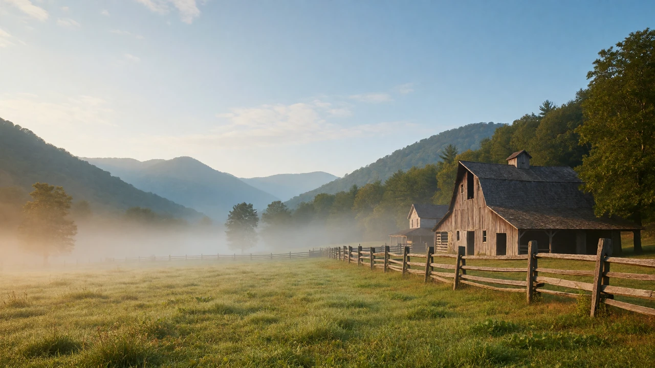 Misty Appalachian valley with a rustic barn at sunrise for West Virginia farmers dating