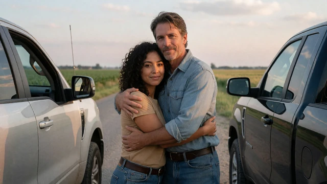 Adult couple meeting on a rural road between fields linking to long-distance rural relationships