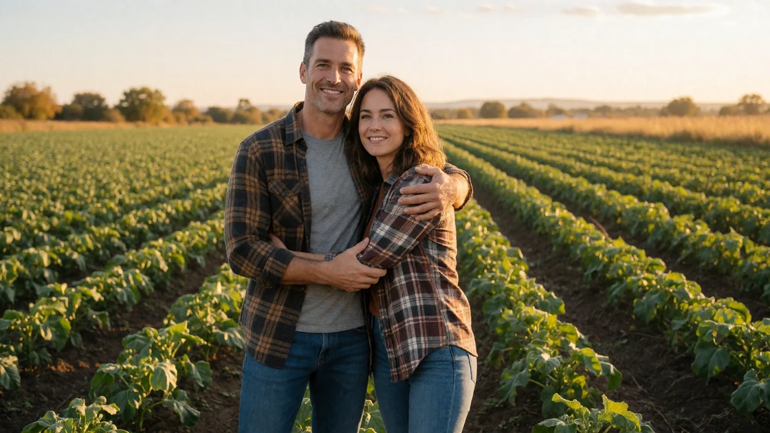 Farm couple in their forties embracing in their crop field at sunset, a country love story