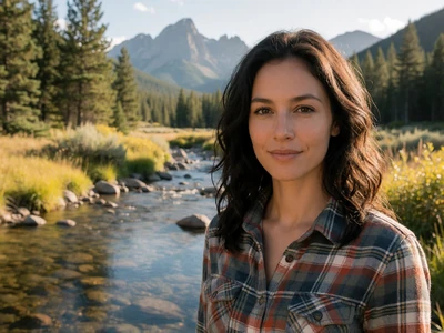 Woman in her late 20s in a plaid shirt standing by a Montana mountain stream with pines and the Rockies behind