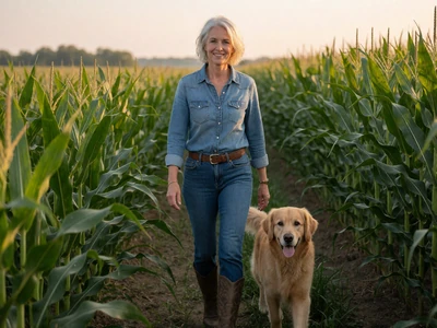 Woman in her 50s walking through an Iowa cornfield with her golden retriever at golden hour