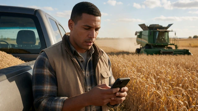 Farmer checking his phone beside a harvest field linking to seasonal dating challenges