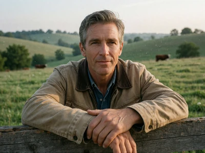 Man in his 50s in a canvas jacket leaning on a wooden fence overlooking an Arkansas cattle pasture