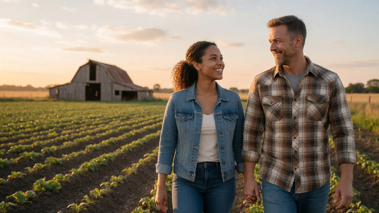 Adult farm couple walking through a rural field at sunset for a farmer dating site comparison