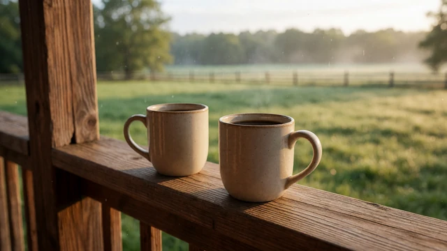 Two coffee mugs on a porch railing overlooking pasture, linking to online dating tips for farmers