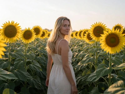 Adult woman in her late 20s in a summer dress walking through a blooming Kansas sunflower field in soft morning light