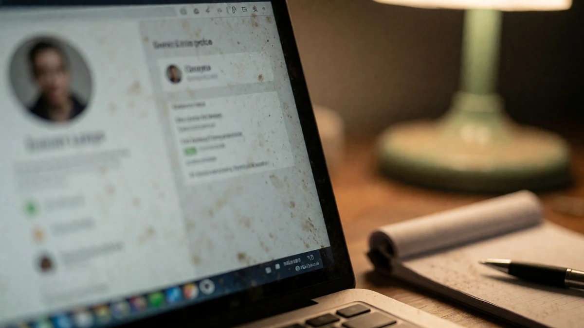 Laptop on a warm-lit desk showing a vague, generic dating profile with shallow depth of field