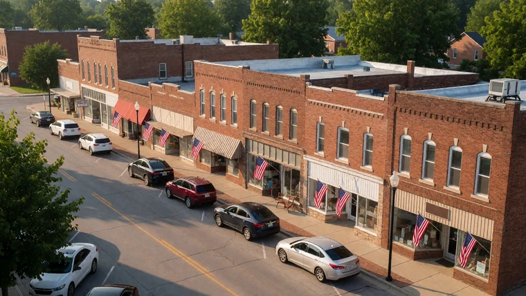 Overhead view of a small-town Iowa main street with American flags and brick storefronts in warm afternoon light