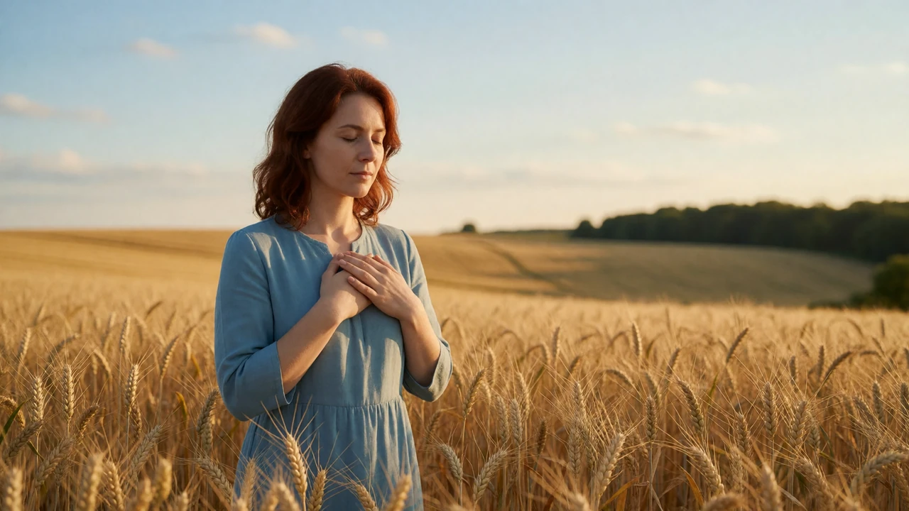 Christian woman in her 30s praying in a golden wheat field at sunset, representing faith-centered rural singles