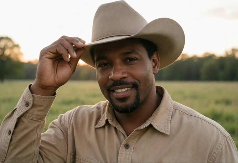 Adult Alabama farmer smiling and tipping his hat slightly against a rural pasture background