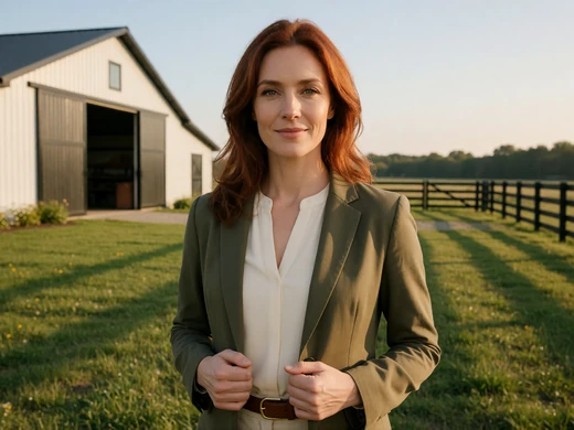 Adult woman agri-business owner in business casual clothing near a modern barn for millionaire farmers dating