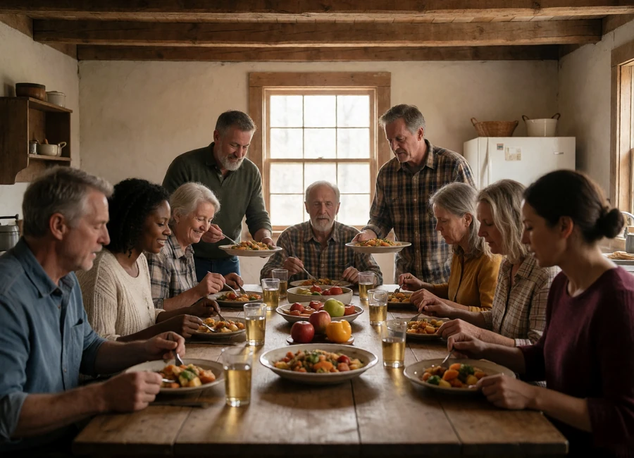 Adults gathered around a rustic farmhouse dinner table showing family traditions in countryside romance